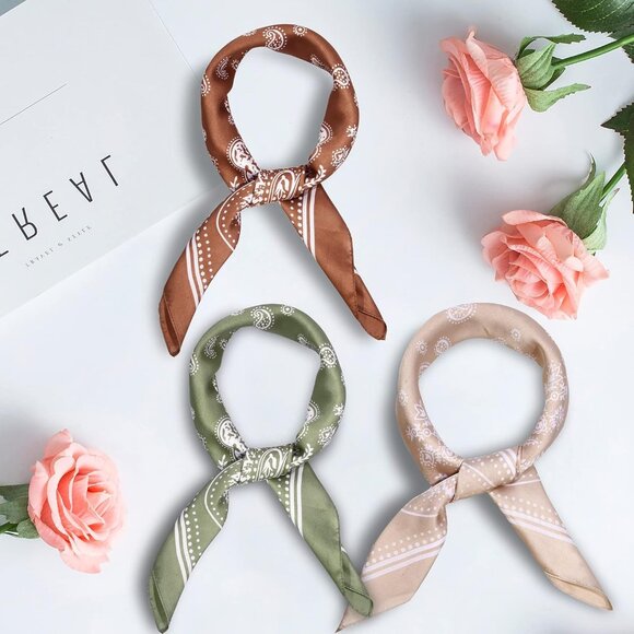 Women's Brown,khaki,light Green 3 Pcs 27.5 Inches Satin Head Scarf Silk Bandana - Picture 4 of 7